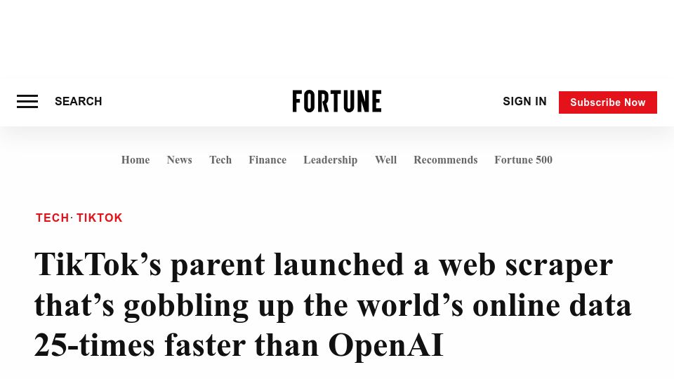 Screenshot of fortune.com: ByteDance’s Bytespider is scraping at much higher rates than other platforms
