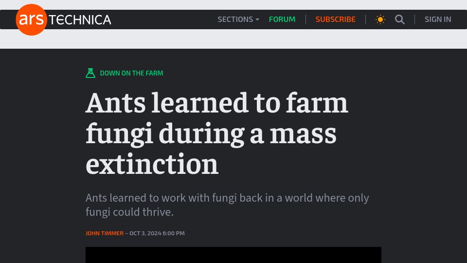 Screenshot of arstechnica.com: Ants learned to farm fungi during a mass extinction
