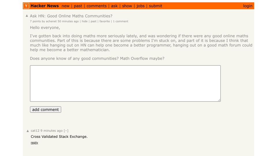 Screenshot of Hacker News post: Ask HN: Good Online Maths Communities?