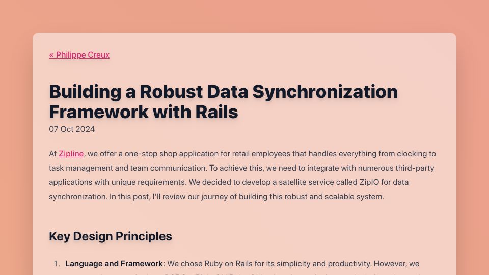 Screenshot of pcreux.com: Building a robust data synchronization framework with Rails