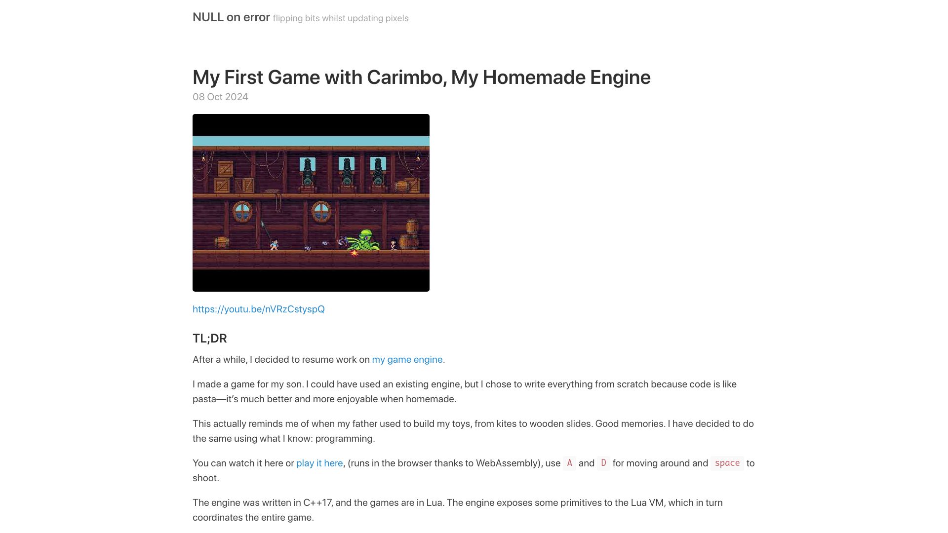 Screenshot of nullonerror.org: My first game with Carimbo, my homemade engine