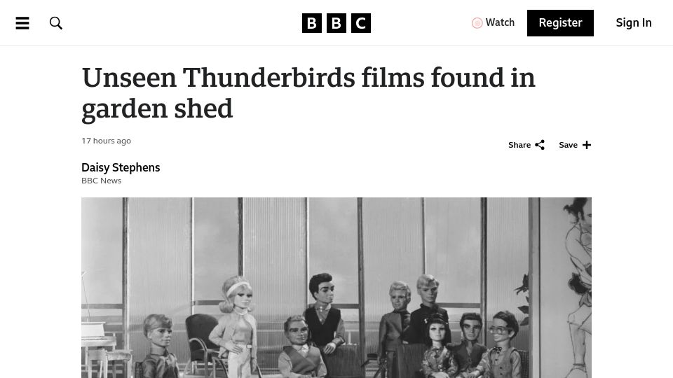 Screenshot of bbc.co.uk: Unseen Thunderbirds film reels found in garden shed
