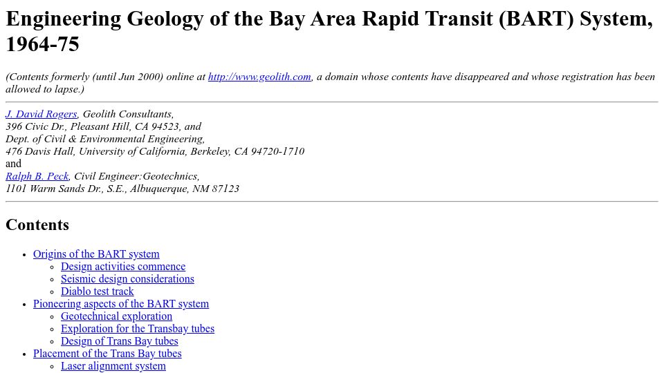 Screenshot of sonic.net: Engineering Geology of the BART System (2000)