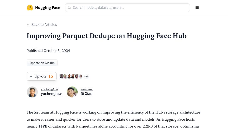 Screenshot of huggingface.co: Improving Parquet Dedupe on Hugging Face Hub