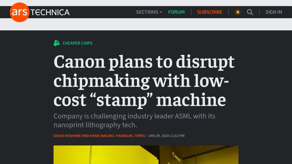 Screenshot of arstechnica.com: Canon plans to disrupt chipmaking with low-cost "stamp" machine