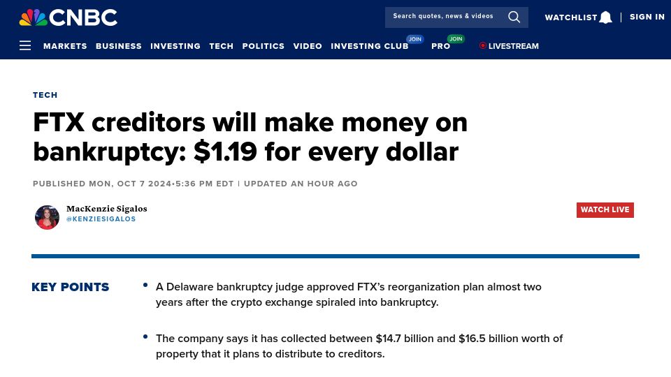 Screenshot of cnbc.com: FTX creditors will make money on bankruptcy
