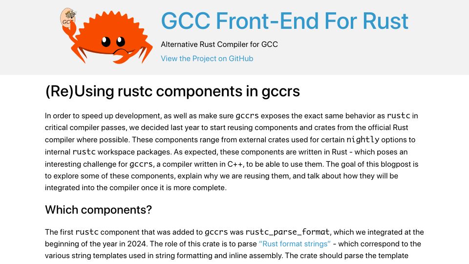 Screenshot of rust-gcc.github.io: (Re)Using rustc components in gccrs