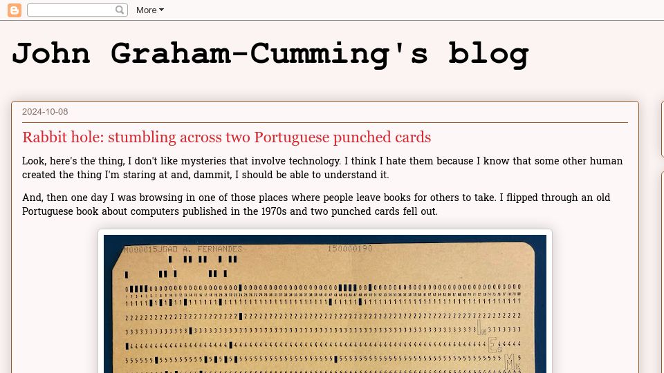 Screenshot of blog.jgc.org: Rabbit hole: stumbling across two Portuguese punched cards