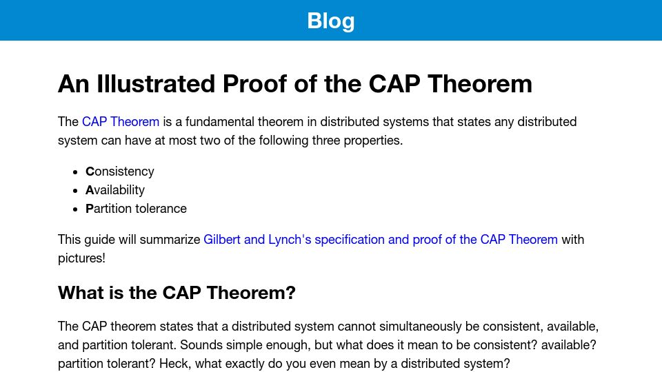 Screenshot of mwhittaker.github.io: An illustrated proof of the CAP theorem (2018)