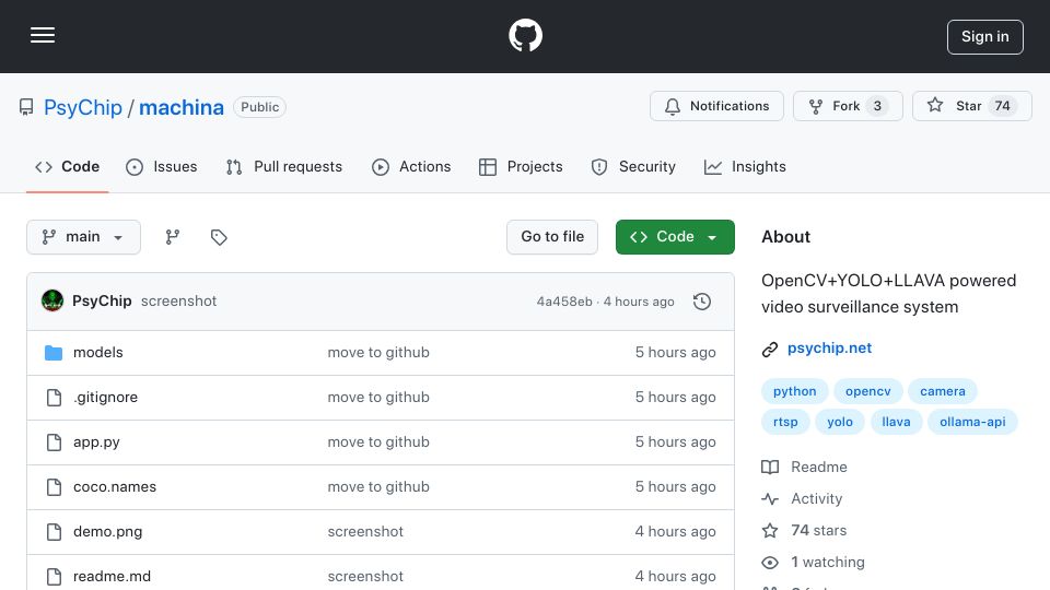 Screenshot of github.com: Video Surveillance with YOLO+llava