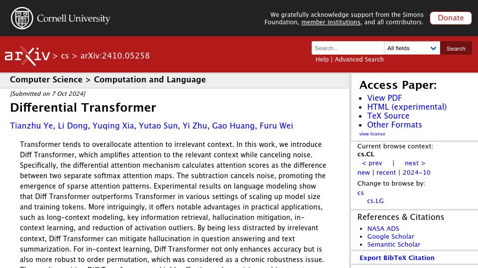 Screenshot of arxiv.org: Differential Transformer