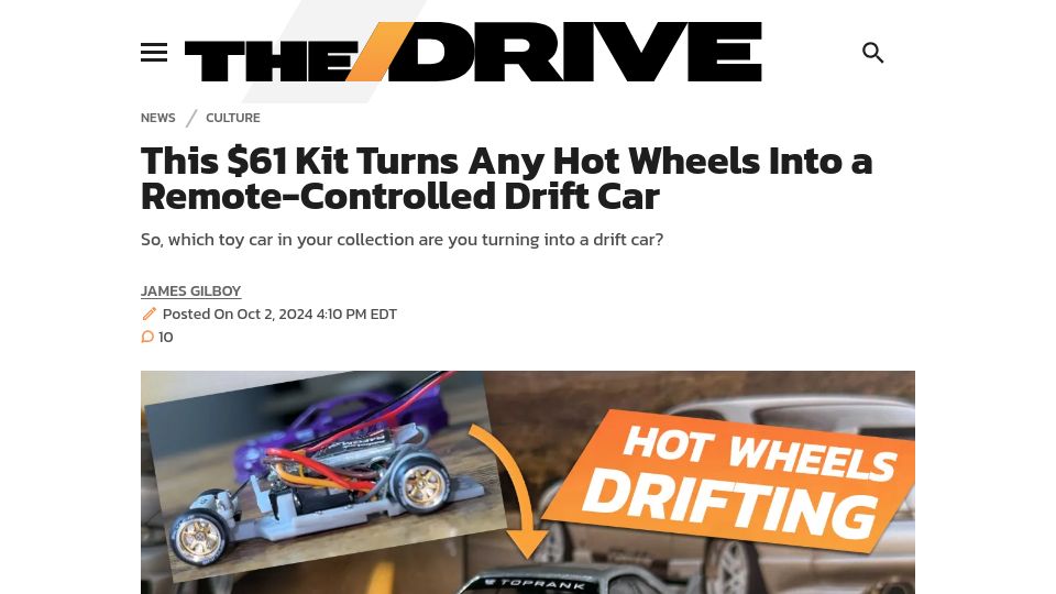 Screenshot of thedrive.com: $61 kit turns any Hot Wheels into a remote-controlled drift car