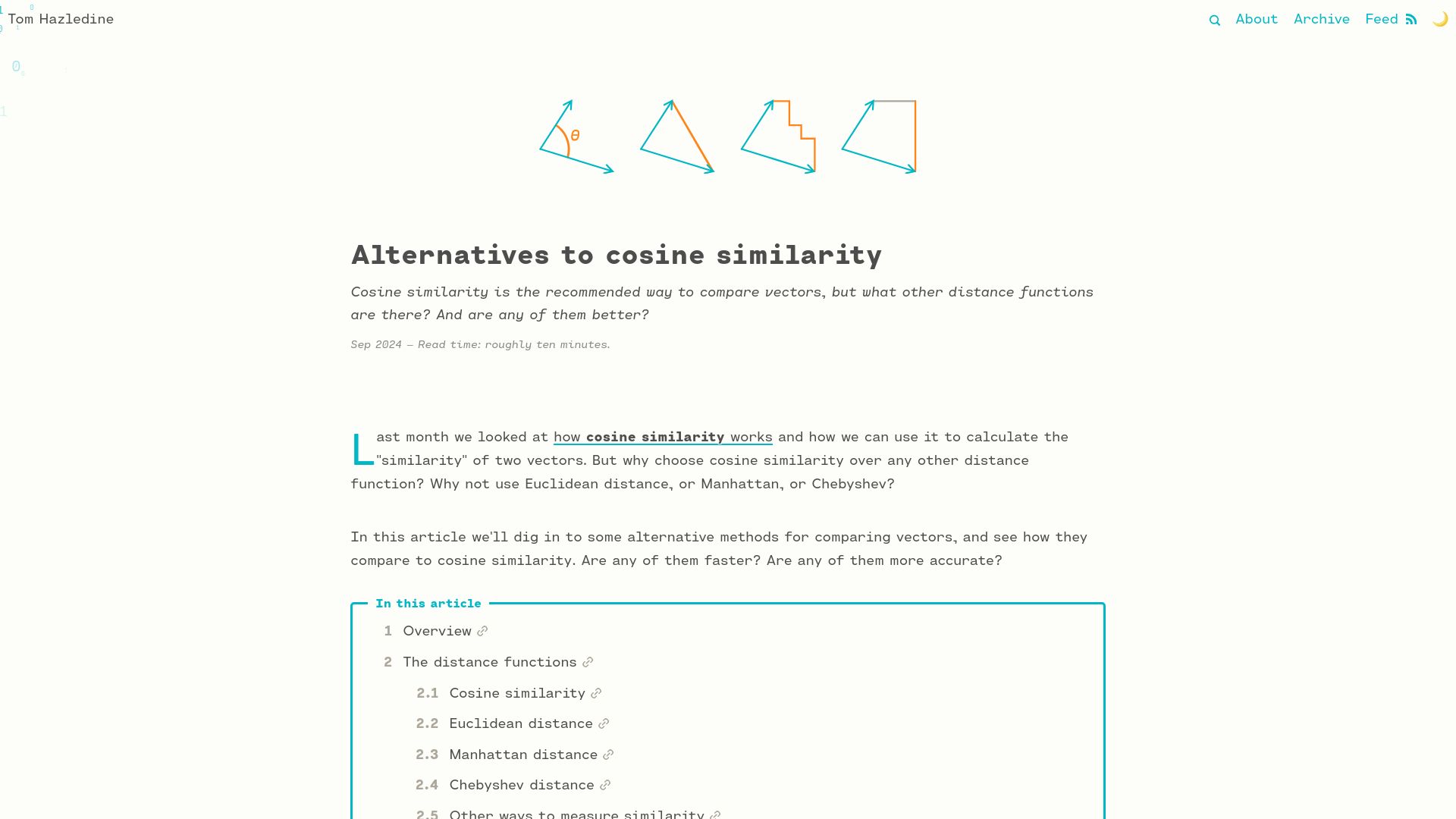 Screenshot of tomhazledine.com: Alternatives to cosine similarity