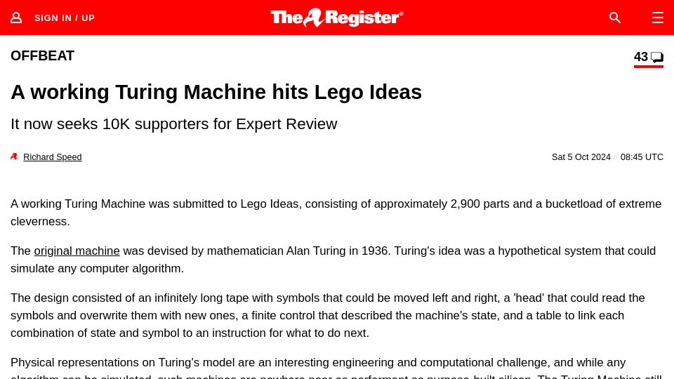 Screenshot of theregister.com: A Working Turing Machine Hits Lego Ideas