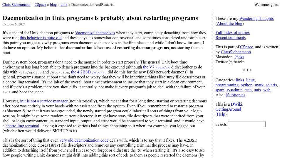 Screenshot of utcc.utoronto.ca: Daemonization in Unix programs is probably about restarting programs