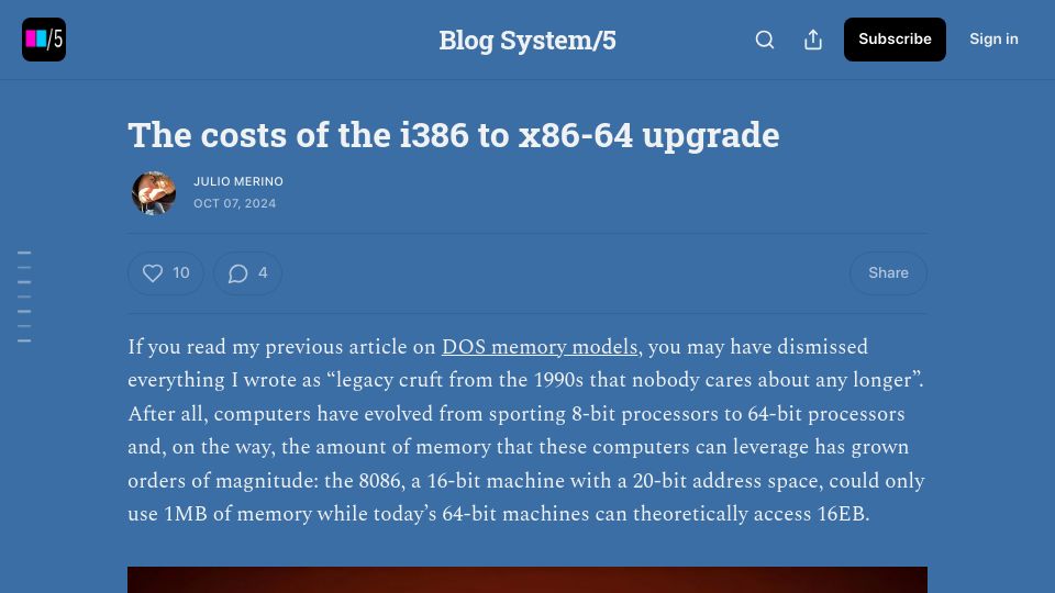 Screenshot of blogsystem5.substack.com: The costs of the i386 to x86-64 upgrade