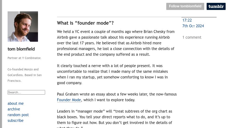Screenshot of tomblomfield.com: What is "founder mode"?