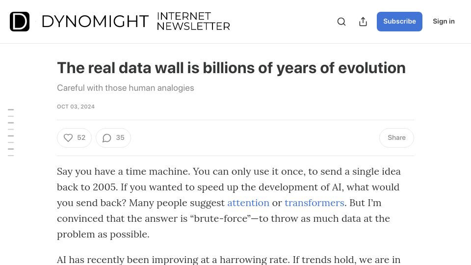 Screenshot of dynomight.substack.com: The real data wall is billions of years of evolution