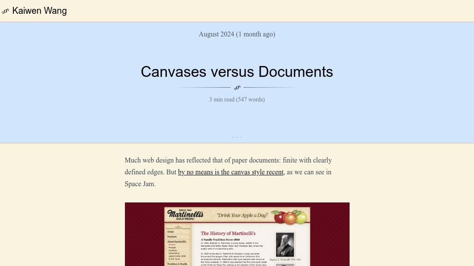 Screenshot of kaiwenwang.com: Canvases versus Documents