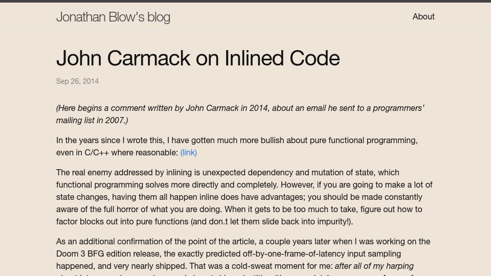 Screenshot of number-none.com: John Carmack on inlined code (2014)