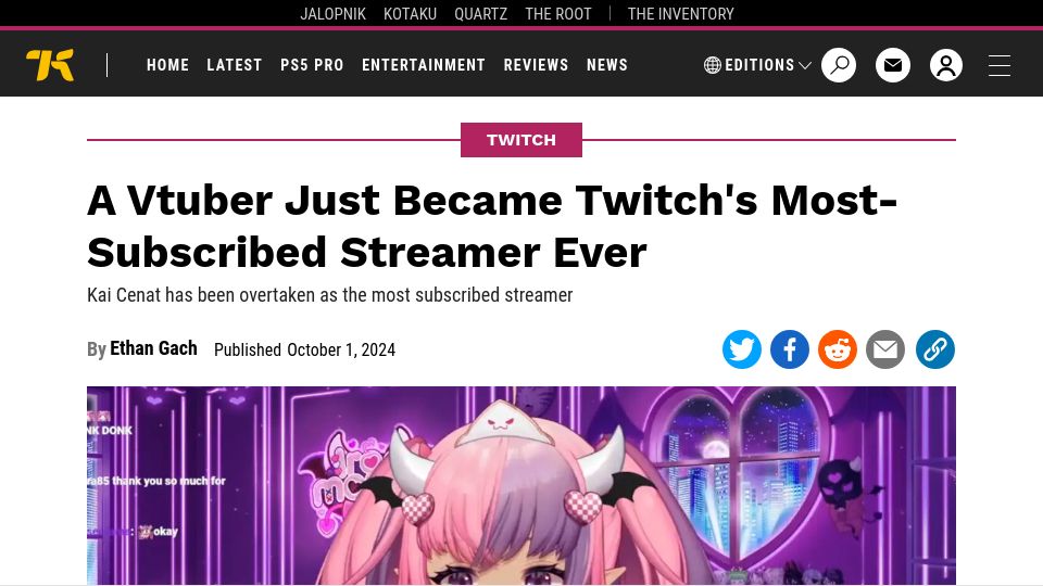 Screenshot of kotaku.com: A Vtuber Just Became Twitch's Most-Subscribed Streamer