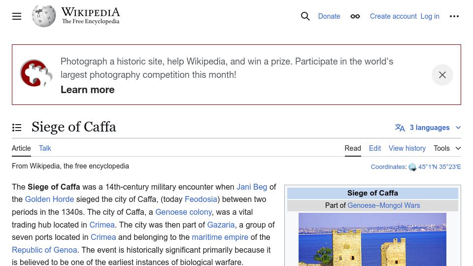 Screenshot of en.wikipedia.org: "The Siege of Caffa" – The earliest known use of Biological Warfare
