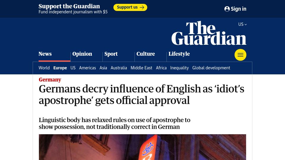 Screenshot of theguardian.com: Germans decry influence of English as 'idiot's apostrophe' gets approval