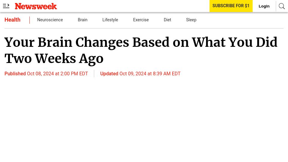 Screenshot of newsweek.com: Your brain changes based on what you did two weeks ago
