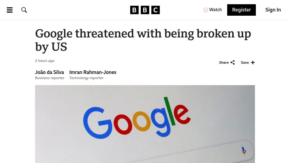 Screenshot of bbc.com: Google threatened with being broken up by US