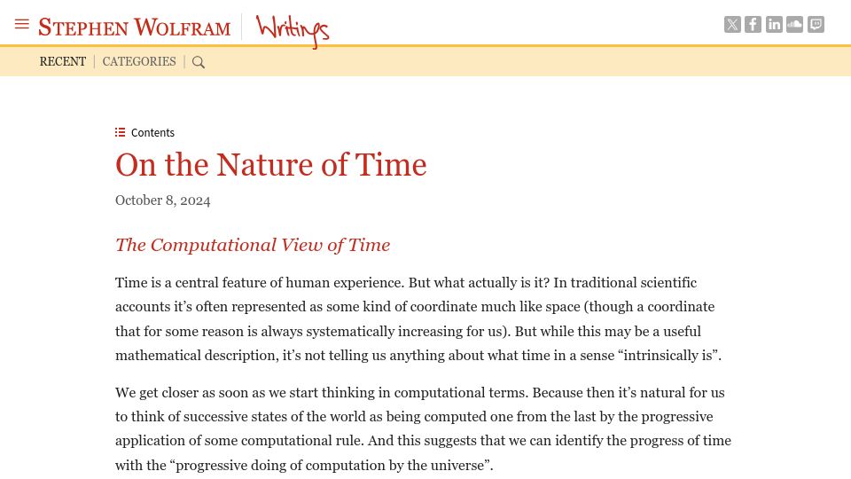Screenshot of writings.stephenwolfram.com: On the Nature of Time