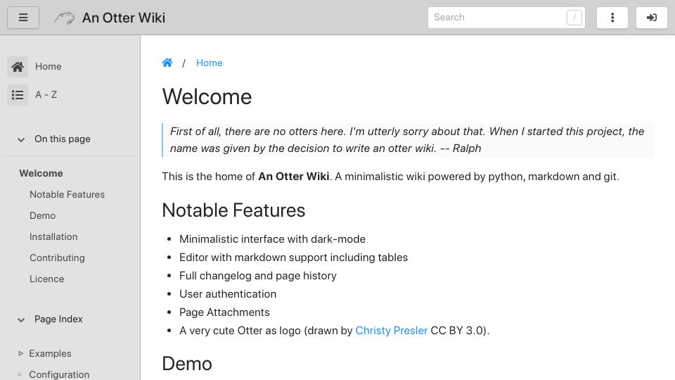 Screenshot of otterwiki.com: Otter Wiki: A minimalistic wiki powered by Python, Markdown and git