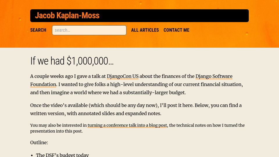 Screenshot of jacobian.org: If the Django Software Foundation had $1M