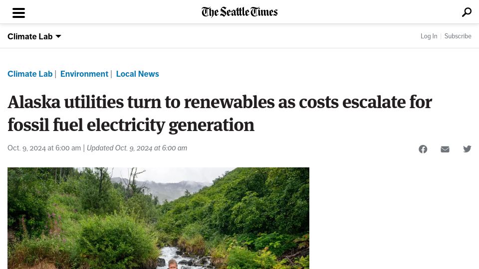Screenshot of seattletimes.com: Alaska utilities pursue renewables as costs escalate for fossil fuel electricity