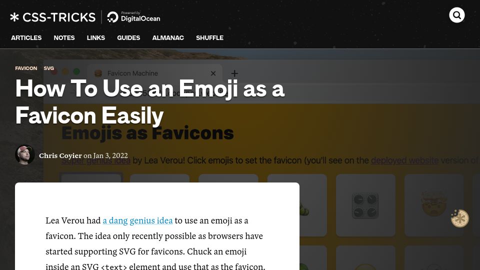 Screenshot of css-tricks.com: Emoji as a Favicon Using SVG (2022)