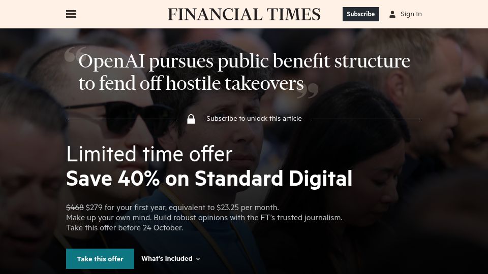 Screenshot of ft.com: OpenAI pursues public benefit structure to fend off hostile takeovers