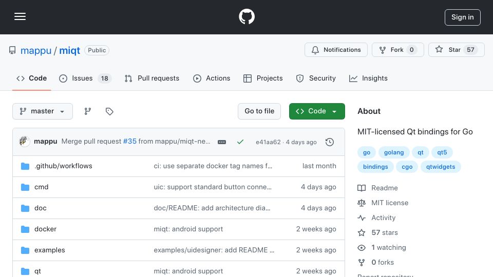 Screenshot of github.com: Miqt: MIT-licensed Qt bindings for Go
