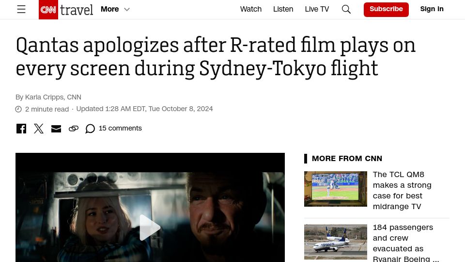 Screenshot of cnn.com: Qantas apologizes after R-rated film plays on every screen during flight