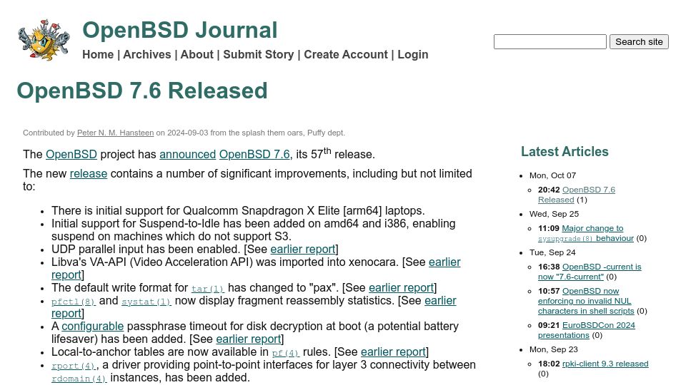 Screenshot of undeadly.org: OpenBSD 7.6 Released