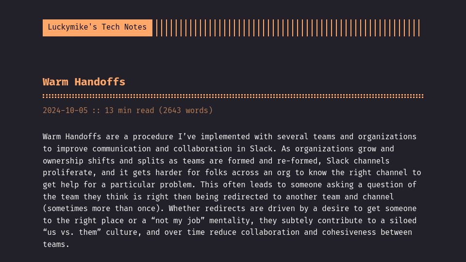 Screenshot of luckymike.dev: Warm Handoffs