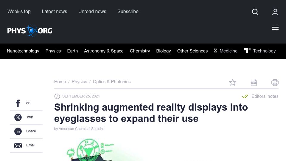 Screenshot of phys.org: Shrinking augmented reality displays into eyeglasses to expand their use