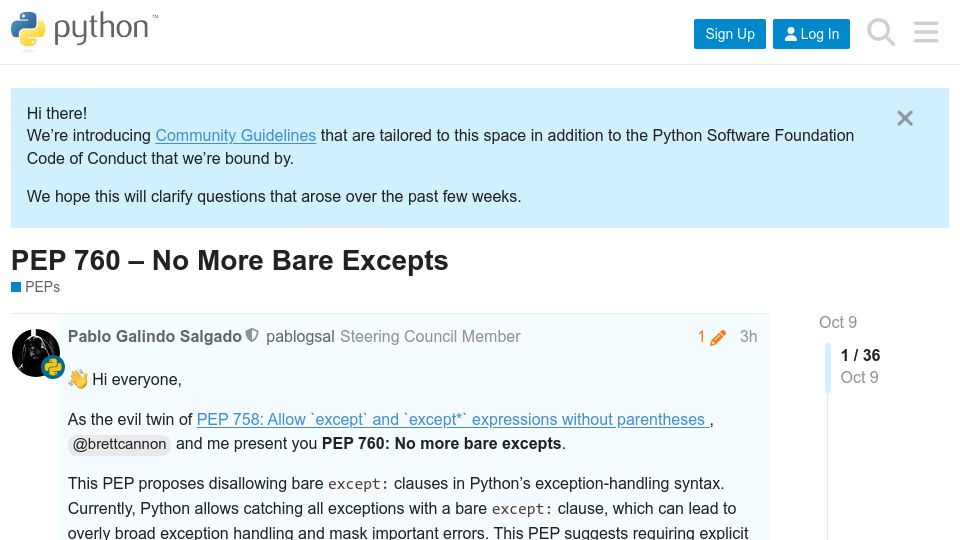 Screenshot of discuss.python.org: PEP 760: No more bare excepts
