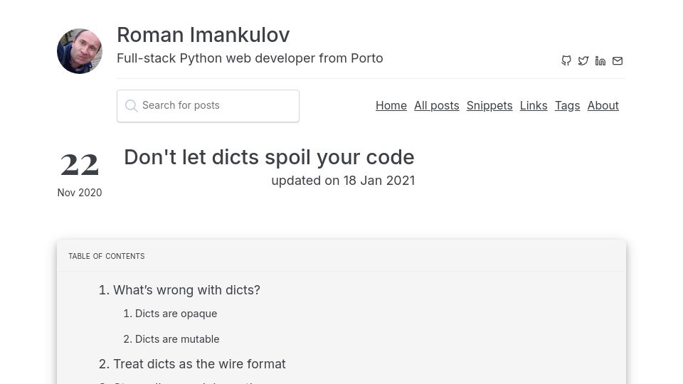 Screenshot of roman.pt: Don't let dicts spoil your code