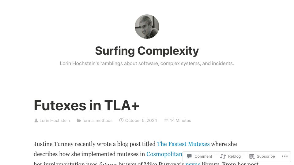 Screenshot of surfingcomplexity.blog: Futexes in TLA+
