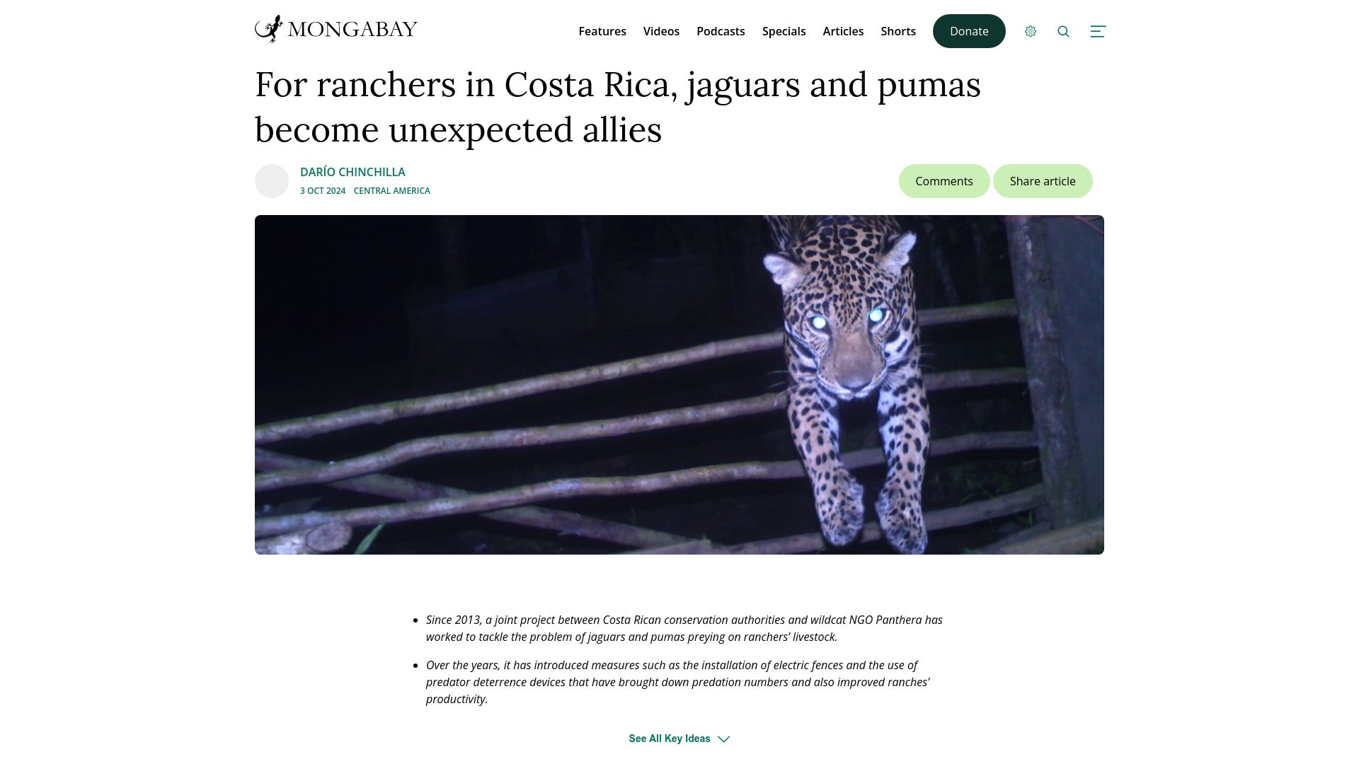 Screenshot of news.mongabay.com: For ranchers in Costa Rica, jaguars and pumas become unexpected allies