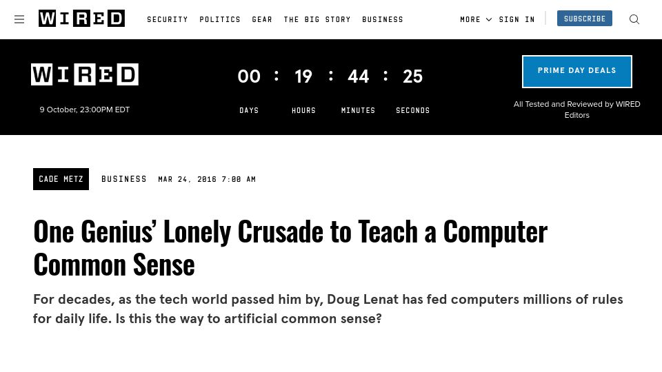 Screenshot of wired.com: One Genius' Lonely Crusade to Teach a Computer Common Sense (2016)