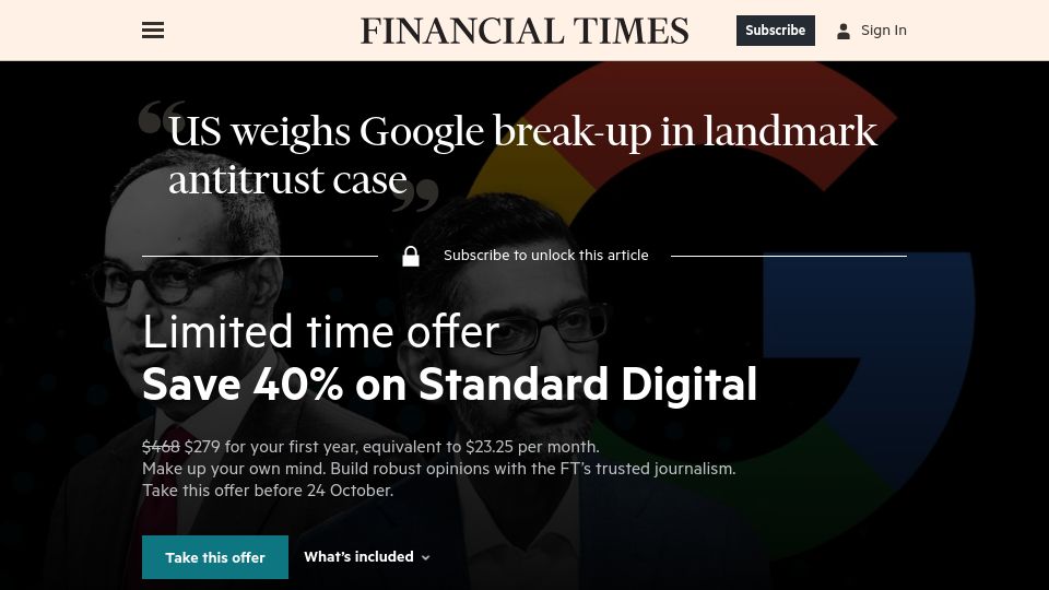 Screenshot of ft.com: US weighs Google break-up in landmark antitrust case