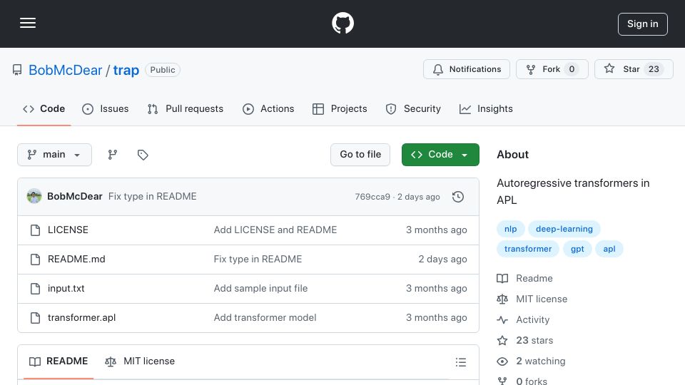 Screenshot of github.com: Trap – Transformers in APL
