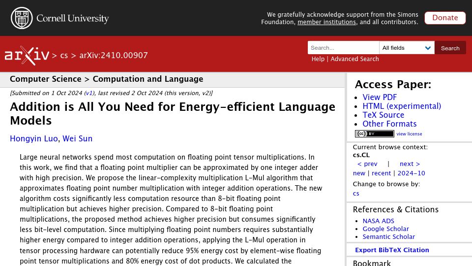 Screenshot of arxiv.org: Addition Is All You Need for Energy-Efficient Language Models