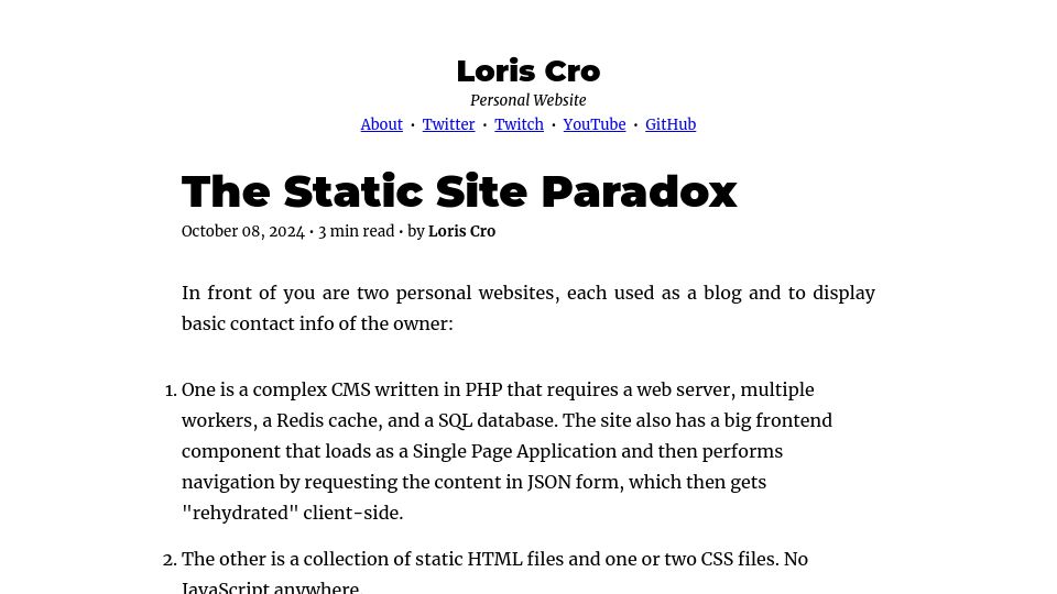 Screenshot of kristoff.it: The Static Site Paradox