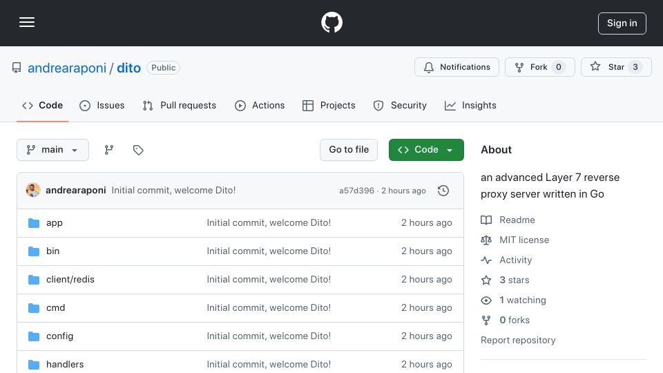 Screenshot of github.com: Dito – an advanced Layer 7 reverse proxy server written in Go